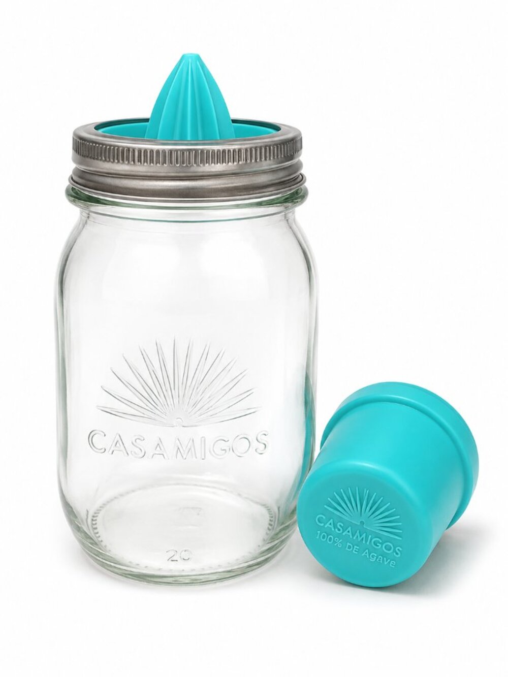 Casamigos Glass Mason Jar Citrus Juicer with Turquoise Silicone Reamer Lid & Top